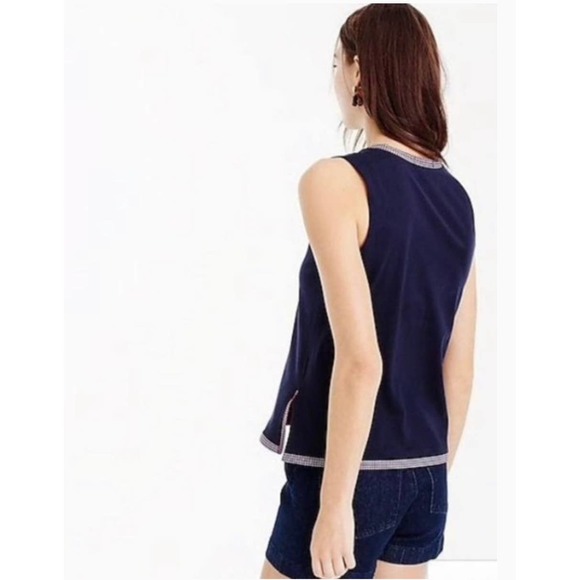 J. Crew Cotton Navy Multicolored Trim Sleeveless Tie Neck Top Size Medium NEW - Picture 4 of 9